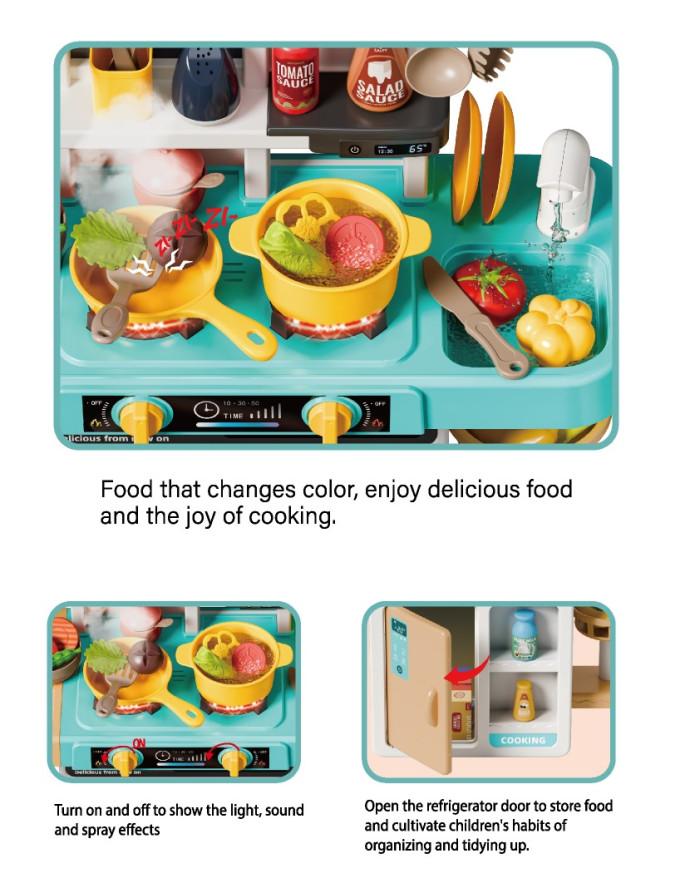 Кухня със светещи котлони, пара и мивка с течаща вода