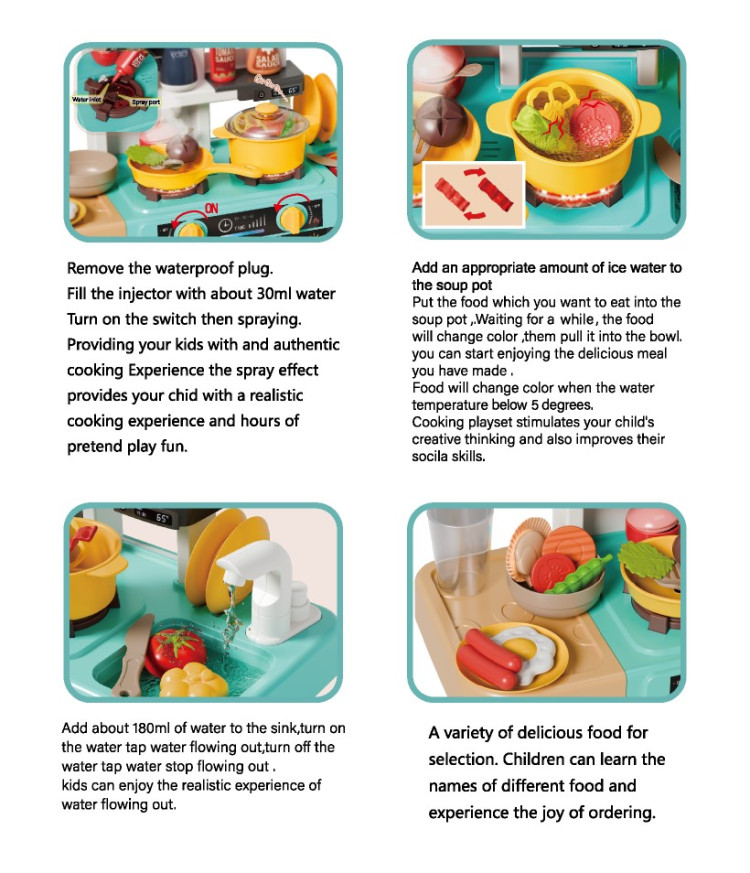 Кухня със светещи котлони, пара и мивка с течаща вода