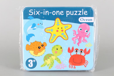 Дървени пъзели в метална кутия - 6 в 1