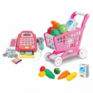 Касов апарат и количка за пазаруване с продукти