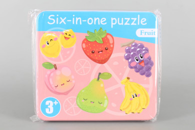 Дървени пъзели в метална кутия - 6 в 1